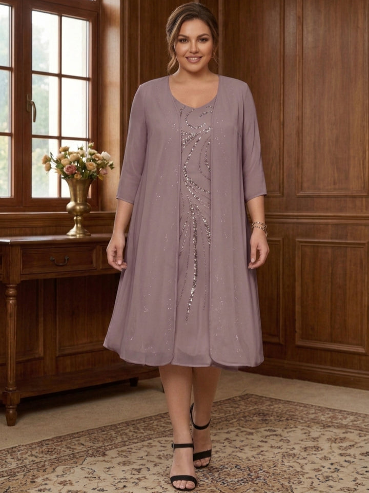 Sheath/Column V-Neck Long Sleeves Tea-Length Plus Size Mother of the Bride Dresses with Jacket & Sequins Beading