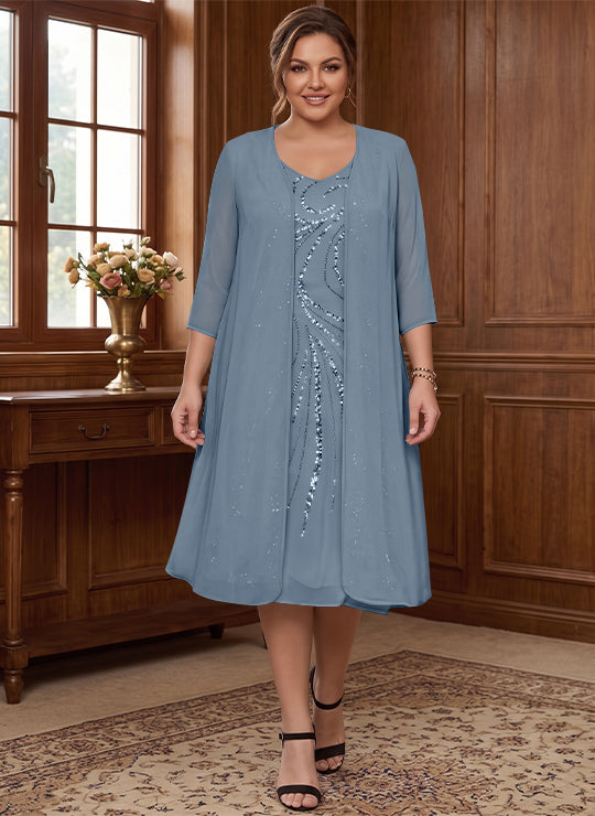 Sheath/Column V-Neck Long Sleeves Tea-Length Plus Size Mother of the Bride Dresses with Jacket & Sequins Beading