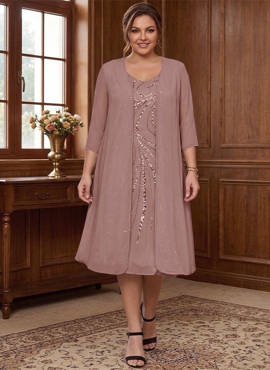 Sheath/Column V-Neck Long Sleeves Tea-Length Plus Size Mother of the Bride Dresses with Jacket & Sequins Beading