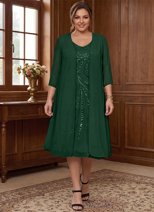 Sheath/Column V-Neck Long Sleeves Tea-Length Plus Size Mother of the Bride Dresses with Jacket & Sequins Beading