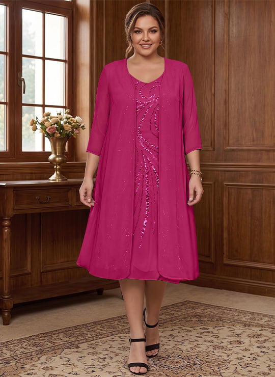 Sheath/Column V-Neck Long Sleeves Tea-Length Plus Size Mother of the Bride Dresses with Jacket & Sequins Beading