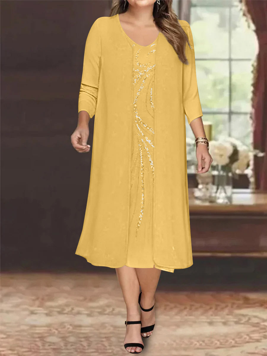 Sheath/Column V-Neck Long Sleeves Tea-Length Plus Size Mother of the Bride Dresses with Jacket & Sequins