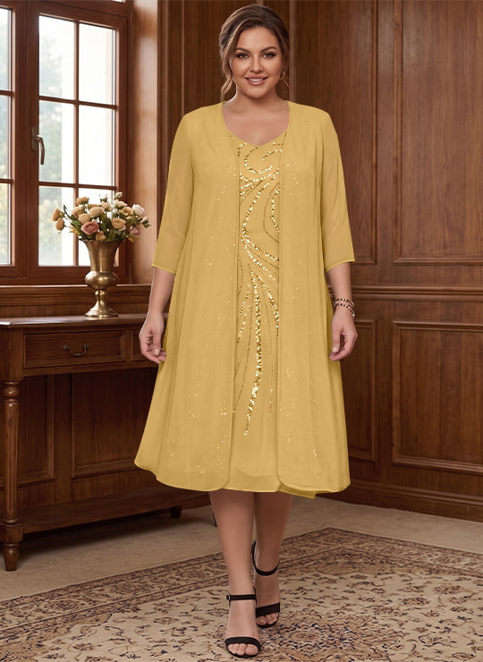 Sheath/Column V-Neck Long Sleeves Tea-Length Plus Size Mother of the Bride Dresses with Jacket & Sequins Beading