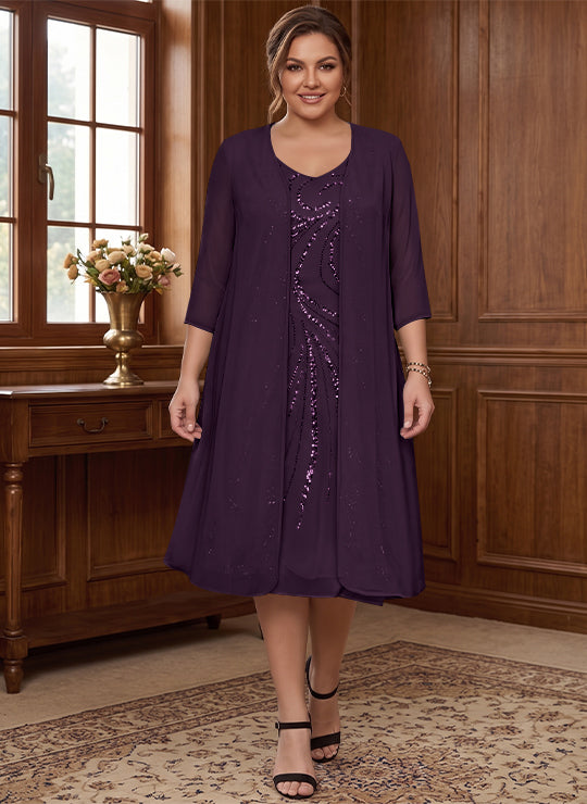 Sheath/Column V-Neck Long Sleeves Tea-Length Plus Size Mother of the Bride Dresses with Jacket & Sequins Beading