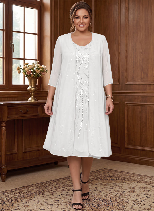 Sheath/Column V-Neck Long Sleeves Tea-Length Plus Size Mother of the Bride Dresses with Jacket & Sequins Beading