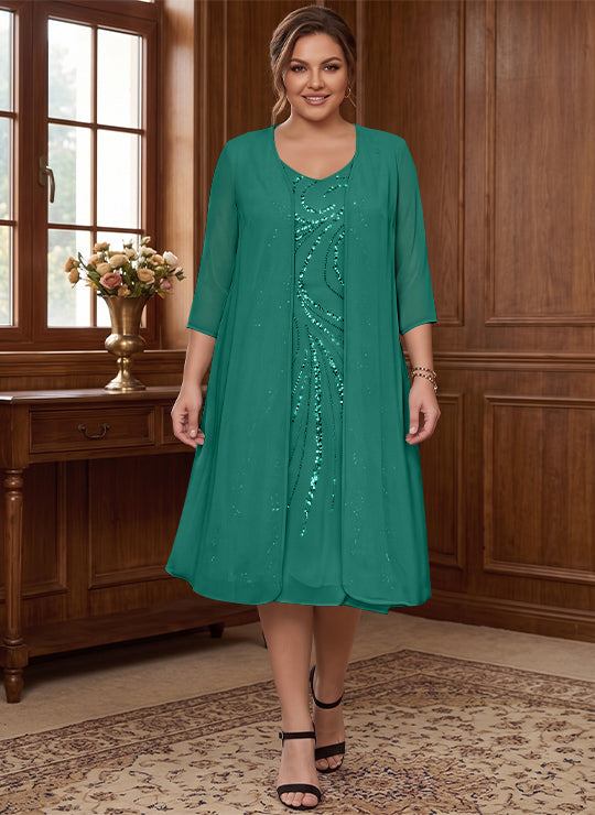 Sheath/Column V-Neck Long Sleeves Tea-Length Plus Size Mother of the Bride Dresses with Jacket & Sequins Beading