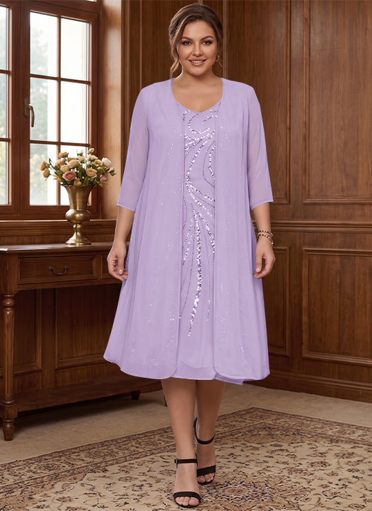 Sheath/Column V-Neck Long Sleeves Tea-Length Plus Size Mother of the Bride Dresses with Jacket & Sequins Beading