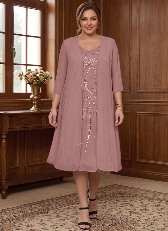 Sheath/Column V-Neck Long Sleeves Tea-Length Plus Size Mother of the Bride Dresses with Jacket & Sequins Beading