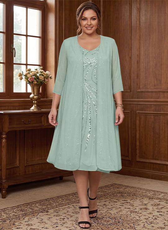 Sheath/Column V-Neck Long Sleeves Tea-Length Plus Size Mother of the Bride Dresses with Jacket & Sequins Beading