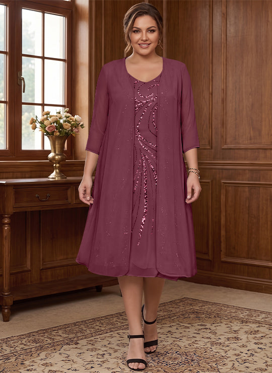 Sheath/Column V-Neck Long Sleeves Tea-Length Plus Size Mother of the Bride Dresses with Jacket & Sequins Beading