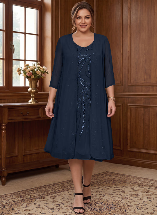 Sheath/Column V-Neck Long Sleeves Tea-Length Plus Size Mother of the Bride Dresses with Jacket & Sequins Beading