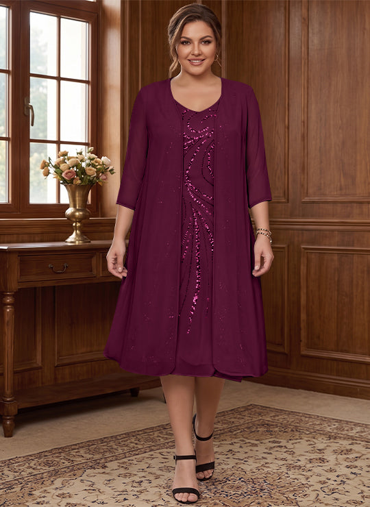 Sheath/Column V-Neck Long Sleeves Tea-Length Plus Size Mother of the Bride Dresses with Jacket & Sequins Beading