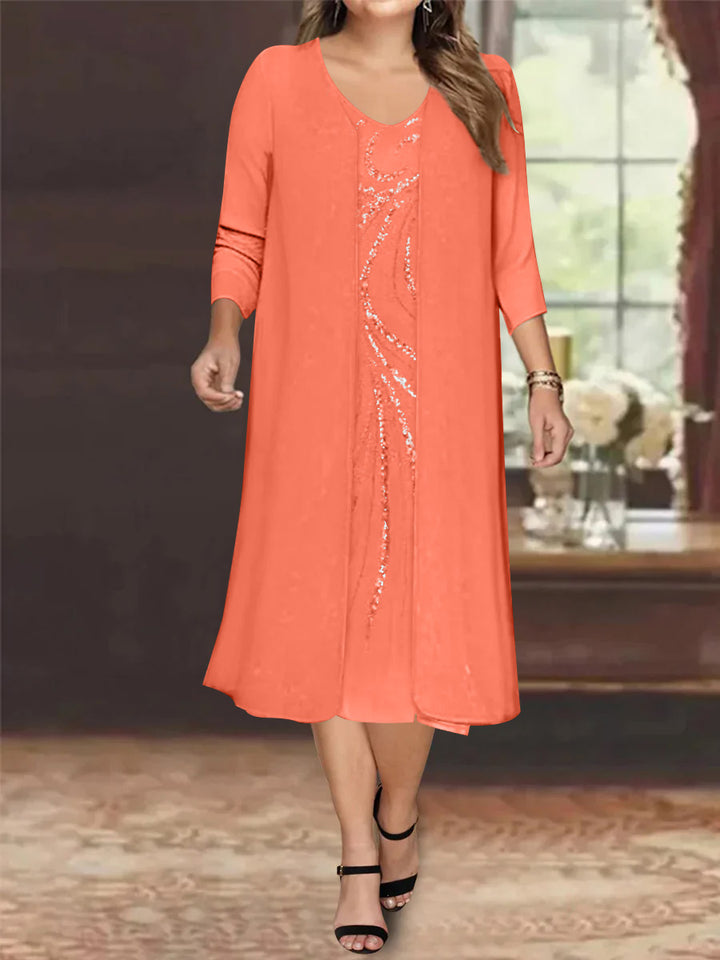 Sheath/Column V-Neck Long Sleeves Tea-Length Plus Size Mother of the Bride Dresses with Jacket & Sequins