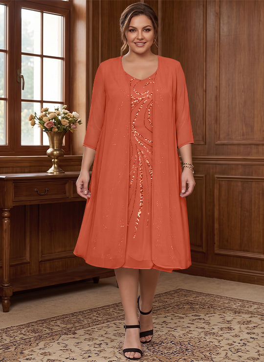 Sheath/Column V-Neck Long Sleeves Tea-Length Plus Size Mother of the Bride Dresses with Jacket & Sequins Beading