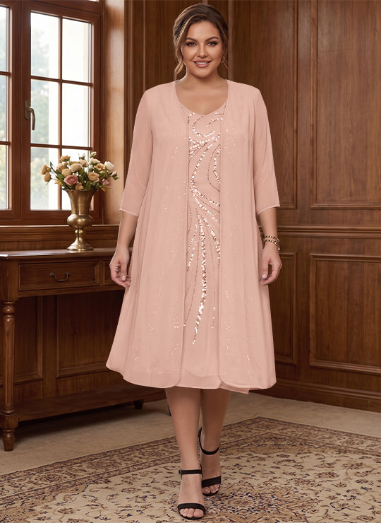 Sheath/Column V-Neck Long Sleeves Tea-Length Plus Size Mother of the Bride Dresses with Jacket & Sequins Beading