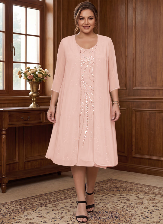 Sheath/Column V-Neck Long Sleeves Tea-Length Plus Size Mother of the Bride Dresses with Jacket & Sequins Beading
