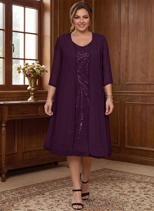 Sheath/Column V-Neck Long Sleeves Tea-Length Plus Size Mother of the Bride Dresses with Jacket & Sequins Beading