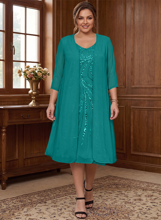 Sheath/Column V-Neck Long Sleeves Tea-Length Plus Size Mother of the Bride Dresses with Jacket & Sequins Beading