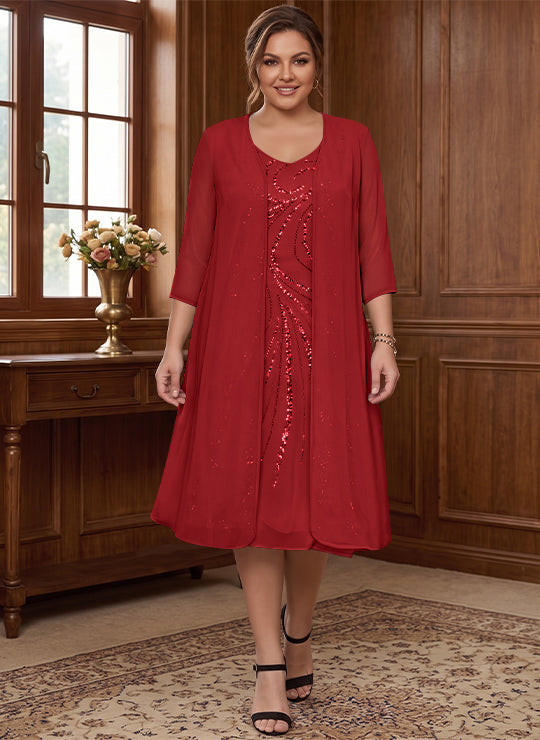 Sheath/Column V-Neck Long Sleeves Tea-Length Plus Size Mother of the Bride Dresses with Jacket & Sequins Beading