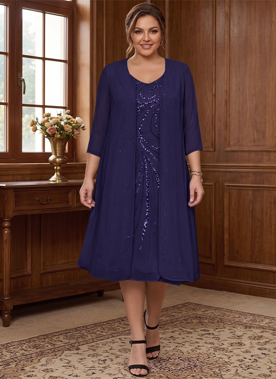 Sheath/Column V-Neck Long Sleeves Tea-Length Plus Size Mother of the Bride Dresses with Jacket & Sequins Beading