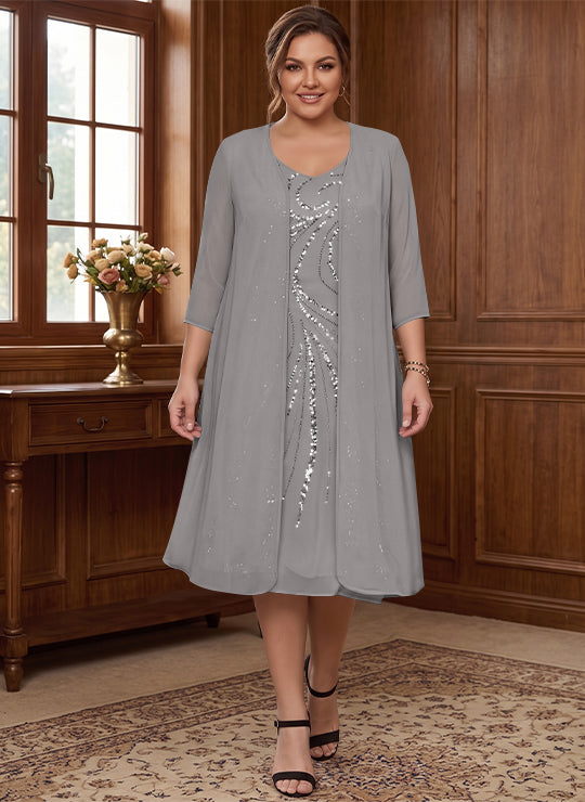 Sheath/Column V-Neck Long Sleeves Tea-Length Plus Size Mother of the Bride Dresses with Jacket & Sequins Beading