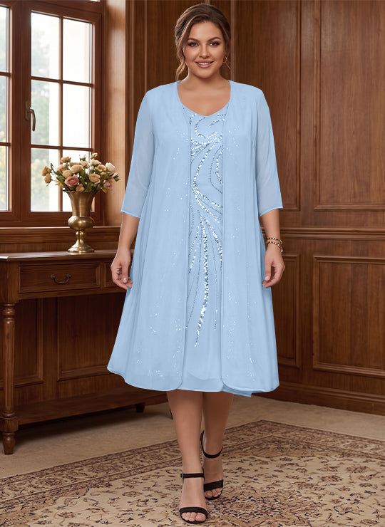 Sheath/Column V-Neck Long Sleeves Tea-Length Plus Size Mother of the Bride Dresses with Jacket & Sequins Beading