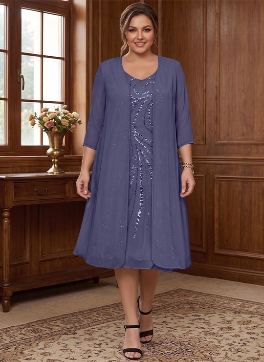 Sheath/Column V-Neck Long Sleeves Tea-Length Plus Size Mother of the Bride Dresses with Jacket & Sequins Beading