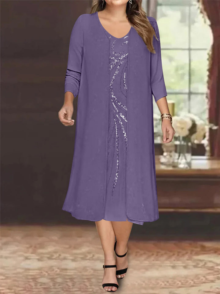 Sheath/Column V-Neck Long Sleeves Tea-Length Plus Size Mother of the Bride Dresses with Jacket & Sequins