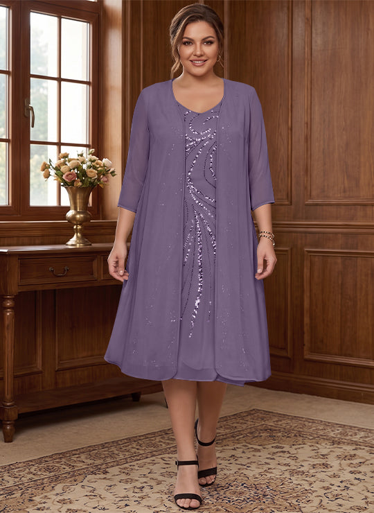 Sheath/Column V-Neck Long Sleeves Tea-Length Plus Size Mother of the Bride Dresses with Jacket & Sequins Beading