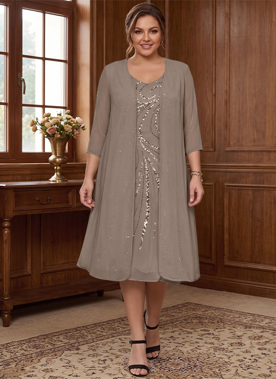 Sheath/Column V-Neck Long Sleeves Tea-Length Plus Size Mother of the Bride Dresses with Jacket & Sequins Beading