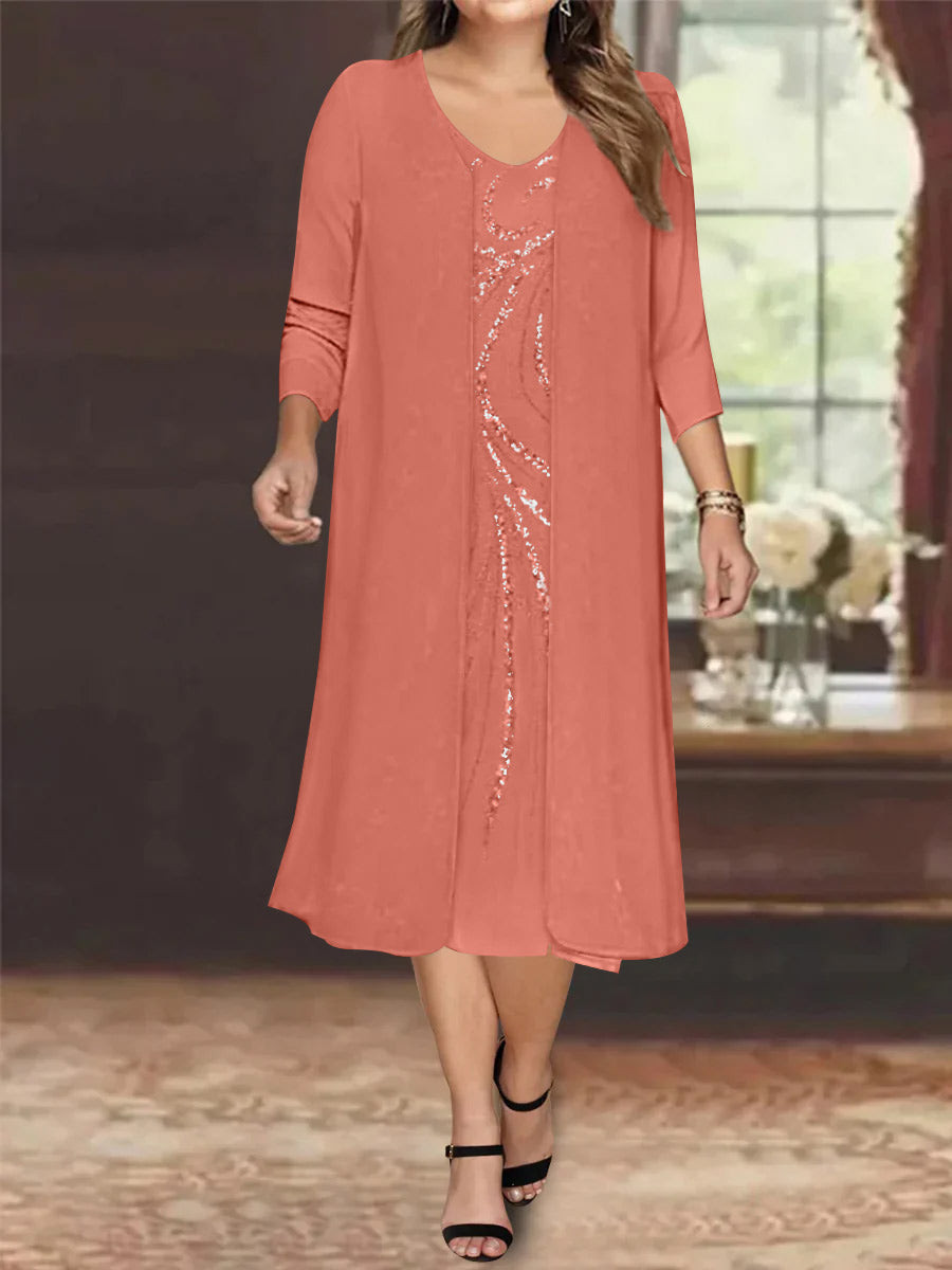 Sheath/Column V-Neck Long Sleeves Tea-Length Plus Size Mother of the Bride Dresses with Jacket & Sequins