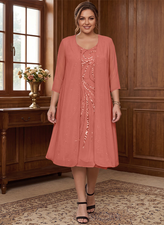 Sheath/Column V-Neck Long Sleeves Tea-Length Plus Size Mother of the Bride Dresses with Jacket & Sequins Beading