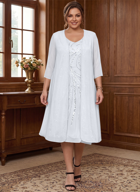 Sheath/Column V-Neck Long Sleeves Tea-Length Plus Size Mother of the Bride Dresses with Jacket & Sequins Beading