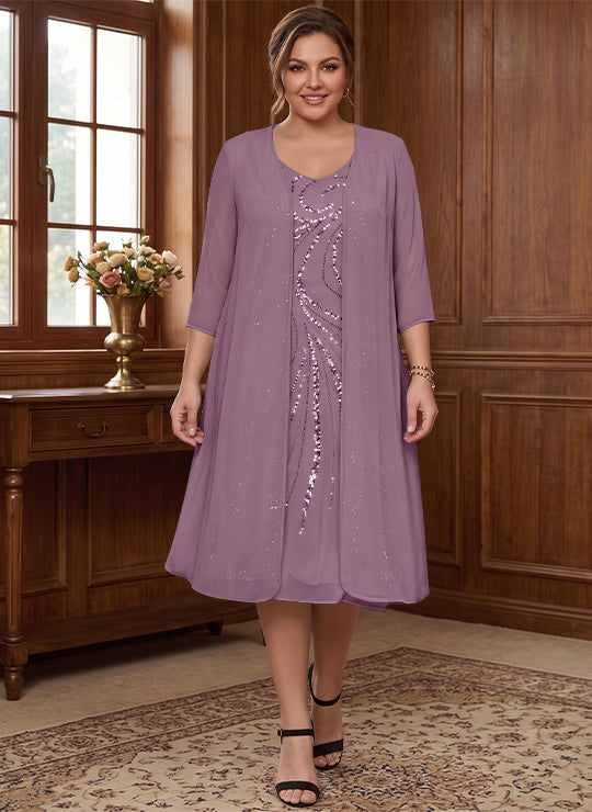 Sheath/Column V-Neck Long Sleeves Tea-Length Plus Size Mother of the Bride Dresses with Jacket & Sequins Beading