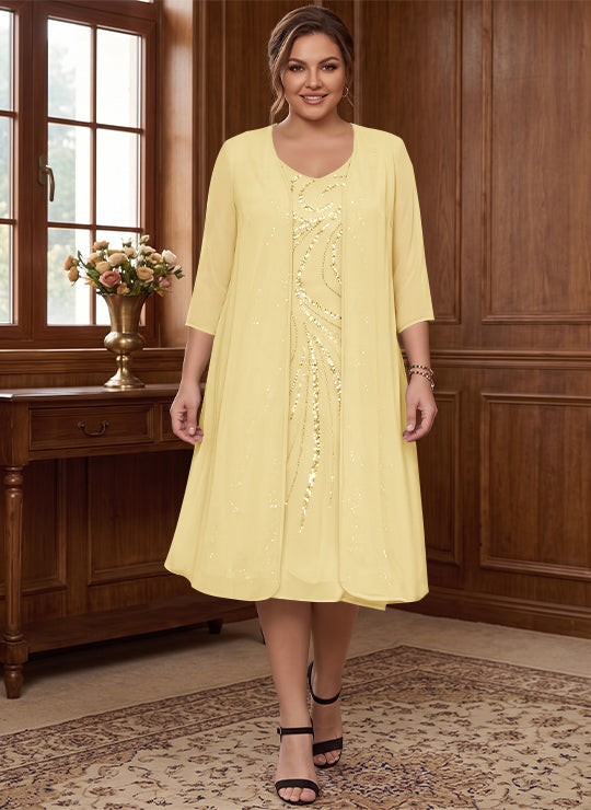 Sheath/Column V-Neck Long Sleeves Tea-Length Plus Size Mother of the Bride Dresses with Jacket & Sequins Beading