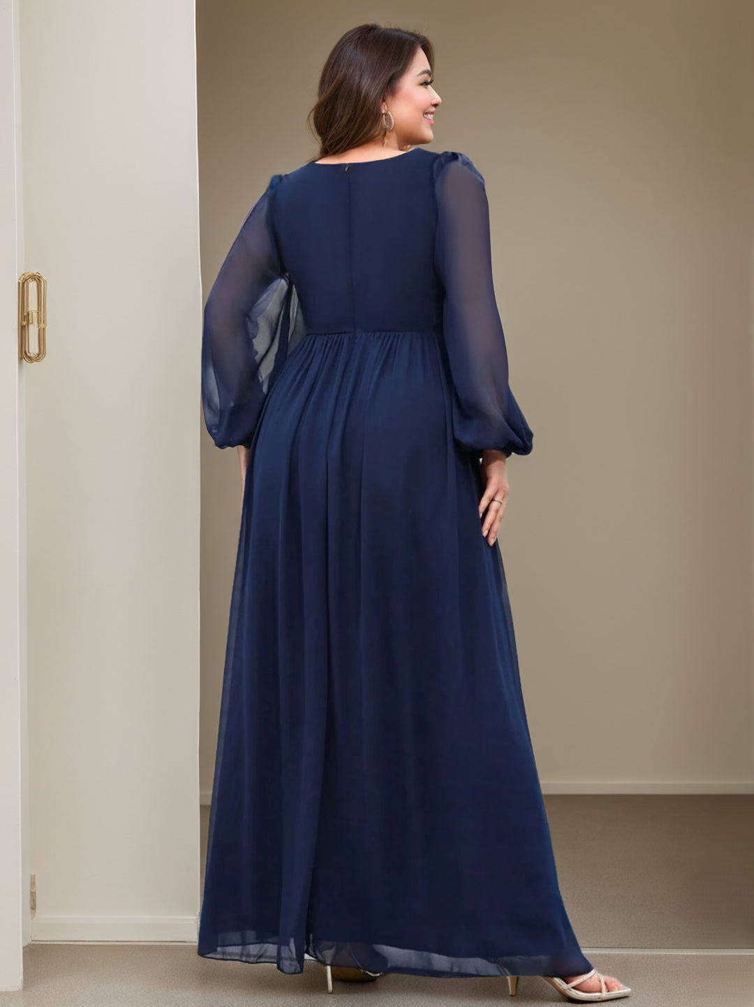 A-Line/Princess V-Neck Long Sleeves Floor-Length Plus Size Mother of the Bride Dresses with Ruffles