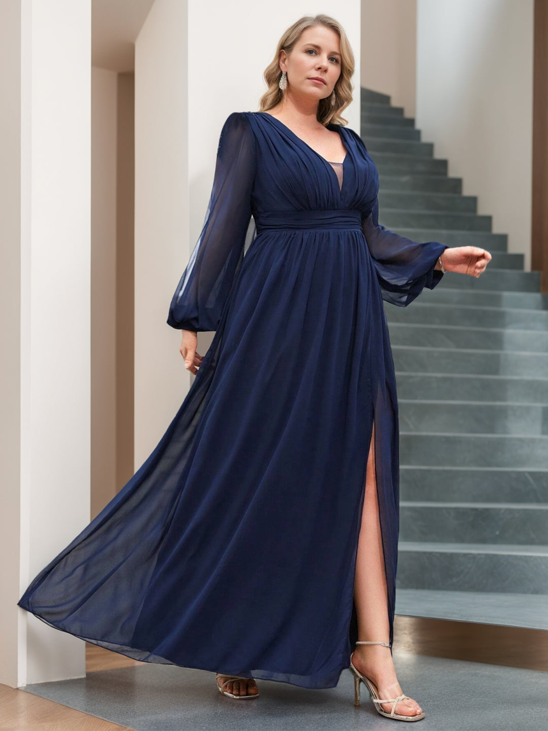 A-Line/Princess V-Neck Long Sleeves Floor-Length Plus Size Mother of the Bride Dresses with Ruffles