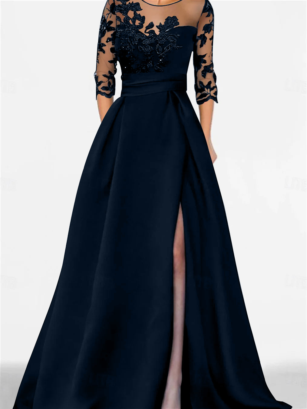 A-Line/Princess Sweetheart 3/4 Sleeves Floor-Length Mother Of The Bride Dresses With Lace & Split Side Dark Navy A-Line/Princess Sweetheart 3/4 Sleeves Floor-Length Mother Of The Bride Dresses With Lace & Split Side Dark Navy