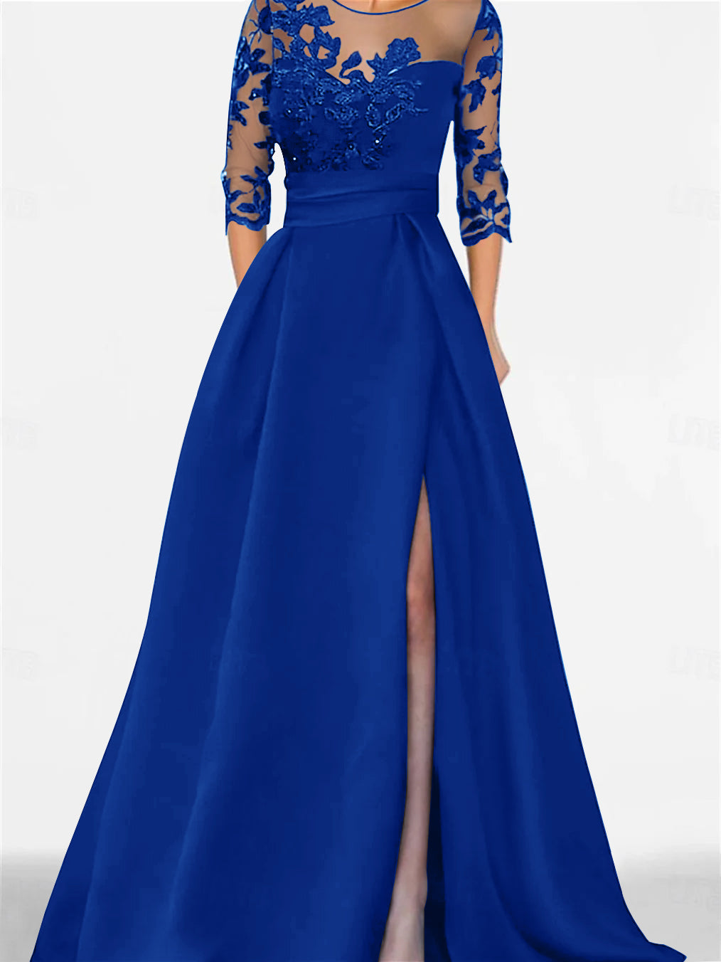 A-Line/Princess Sweetheart 3/4 Sleeves Floor-Length Mother Of The Bride Dresses With Lace & Split Side Dark Royal Blue A-Line/Princess Sweetheart 3/4 Sleeves Floor-Length Mother Of The Bride Dresses With Lace & Split Side Dark Royal Blue