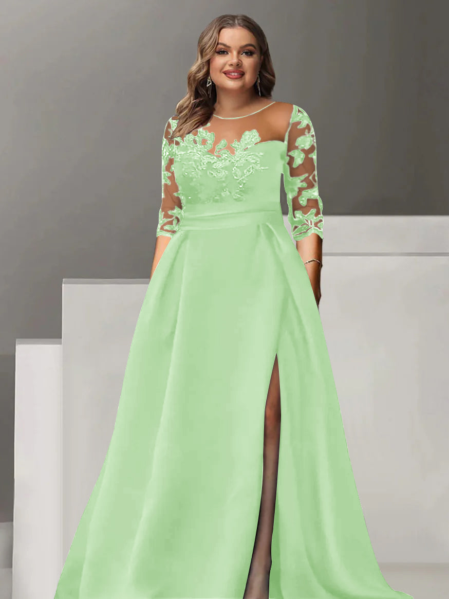 A-Line/Princess Sweetheart 3/4 Sleeves Floor-Length Plus Size Mother Of The Bride Dresses With Lace & Split Side