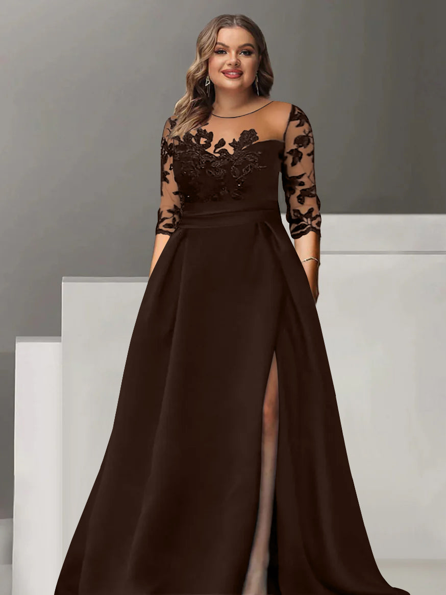 A-Line/Princess Sweetheart 3/4 Sleeves Floor-Length Plus Size
