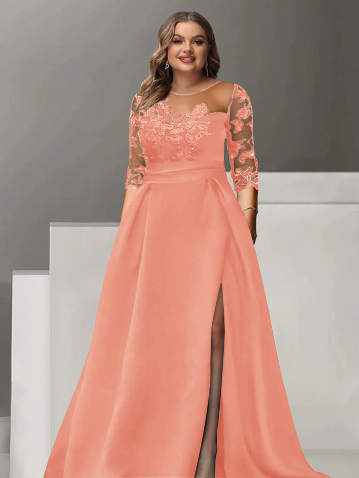 A-Line/Princess Sweetheart 3/4 Sleeves Floor-Length Plus Size Mother Of The Bride Dresses With Lace & Split Side