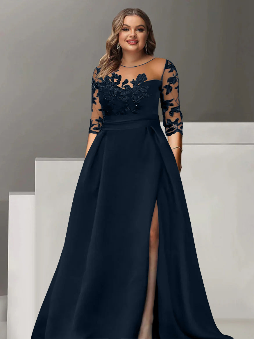 A-Line/Princess Sweetheart 3/4 Sleeves Floor-Length Plus Size Mother Of The Bride Dresses With Lace & Split Side