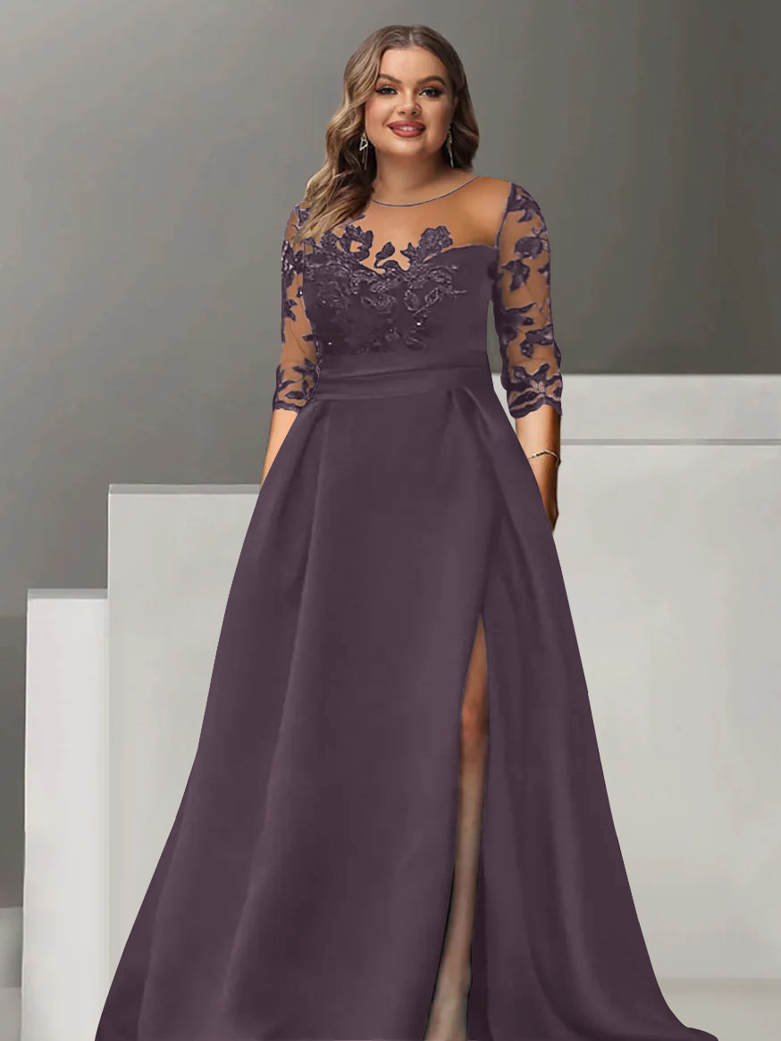 A-Line/Princess Sweetheart 3/4 Sleeves Floor-Length Plus Size Mother Of The Bride Dresses With Lace & Split Side