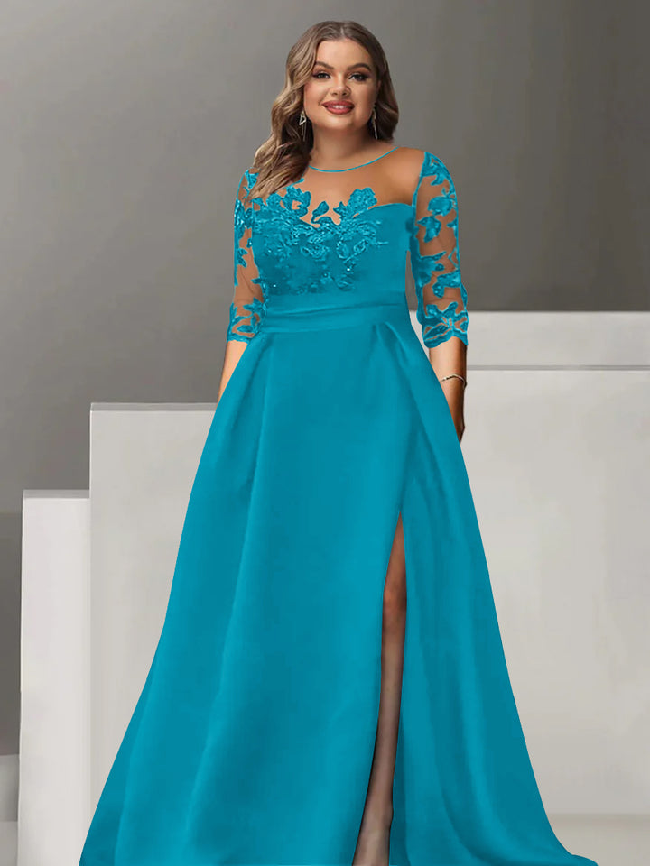 A-Line/Princess Sweetheart 3/4 Sleeves Floor-Length Plus Size Mother Of The Bride Dresses With Lace & Split Side