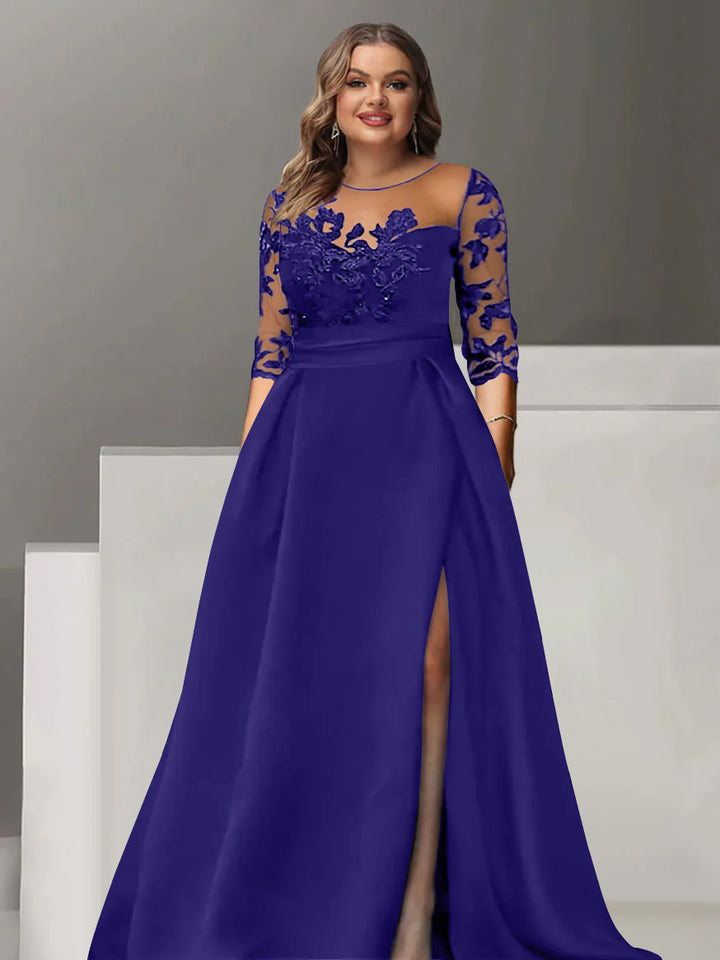 A-Line/Princess Sweetheart 3/4 Sleeves Floor-Length Plus Size Mother Of The Bride Dresses With Lace & Split Side