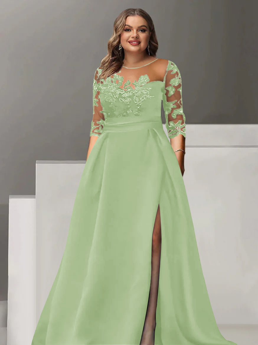 A-Line/Princess Sweetheart 3/4 Sleeves Floor-Length Plus Size Mother Of The Bride Dresses With Lace & Split Side