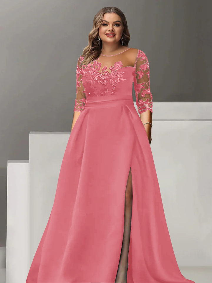 A-Line/Princess Sweetheart 3/4 Sleeves Floor-Length Plus Size Mother Of The Bride Dresses With Lace & Split Side