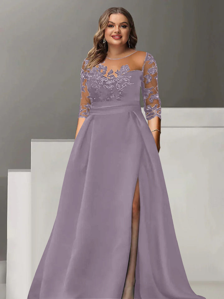 A-Line/Princess Sweetheart 3/4 Sleeves Floor-Length Plus Size Mother Of The Bride Dresses With Lace & Split Side