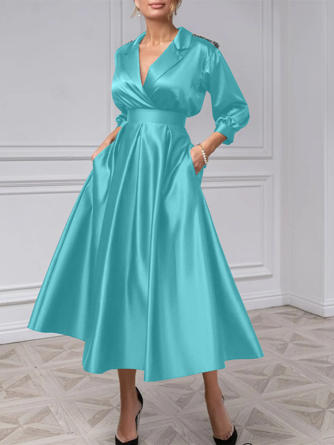 A-Line/Princess V-Neck 3/4 Sleeves Mother Of The Bride Dresses With Beading